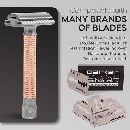 Parker Variant Adjustable Double Edge Safety Razor and 5 Parker Premium Blades (Rose Gold)