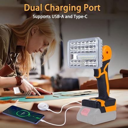 Cordless LED Work Light Compatible with DeWalt 20V Battery Battery, Portable Flashlight Lamp with Charging Phone for Auto Repair Outdoor Construction Job Sites (Tool Only, Not Made by DeWalt)