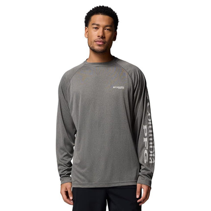 Columbia Men's PFG Terminal Tackle Long Sleeve Shirt, Charcoal Heather/Cool Grey Logo, 4X