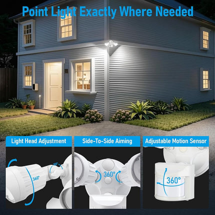Foco de seguridad LED COB LEONLITE, luces de inundación exteriores comerciales con sensor de movimiento, 3 modos Detector de movimiento+Anochecer a amanecer+Control de interruptor, 100-277 V, 2 cabezales ajustables, IP65, luz diurna de 5000 K, ETL, blanco