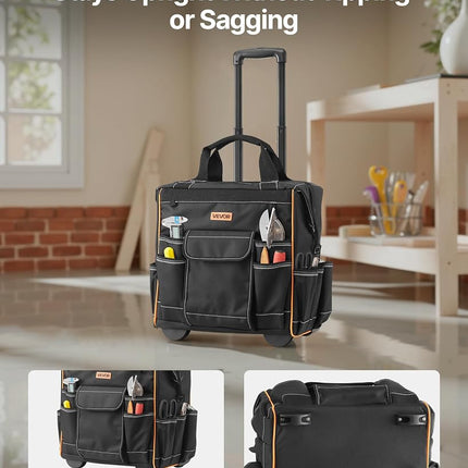 VEVOR Rolling Tool Bag, 110 lbs Load Capacity, 25 Pockets Heavy Duty Roller Tool Bag on Wheels, Adjustable Telescoping Handle & Stable Base, Toolbag Organizers with Wheels for Construction, Mechanic