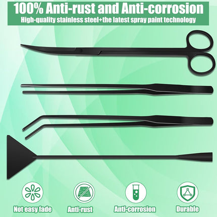 Aquarium Aquascape Tools Kit, 4 in 1 Anti-Rust Aquatic Plant Aquascaping Tool Stainless Steel Black Tweezers Scissors Spatula for Aquarium Tank Clean Aquascape Tools Sets (Black Kit)