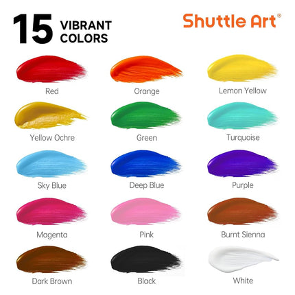 Shuttle Art Acrylic Paint Set, 15 Colours Acrylic Paint Bottle Set (473ml/16oz), Rich Pigmented Paints, Bulk Painting Supplies for Artists, Beginners Kids on Rocks Crafts Canvas Wood Ceramic
