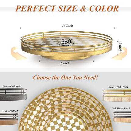 Premium Rubber Wood Lazy Susan Turntable, Gold White Checkerboard Decorative Serving Tray, Hand-Welded Metal Railing, Stable Rotating Organizer for Dining Table, Kitchen Counter, Coffee Table Decor