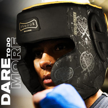 BRAVOSE Armour Boxing Headguard | Professional Strap Boxing, Training, Sparring & Martial Arts Headgear | Head Guard for Ear, Cheek, Face Protection | Helmet for MMA, Kickboxing, Taekwondo (S/M)