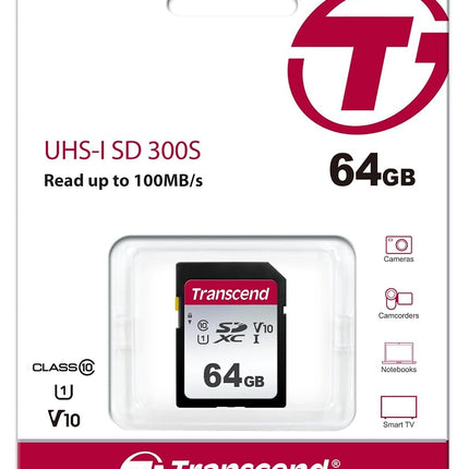 Transcend SDC300S 64GB SDXC Class 10 U1 V10 Memory Card, Speed up to 100MB/s for Digital Cameras TS64GSDC300S