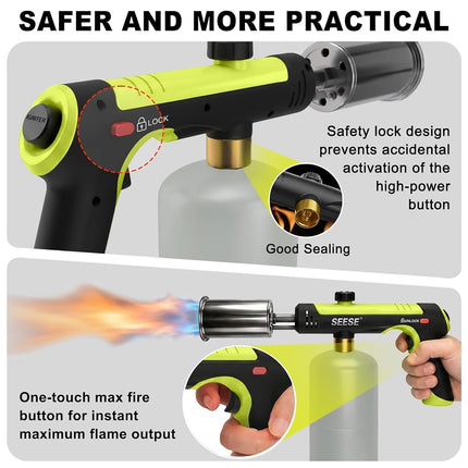 SEESE Powerful Propane Torch Gun,Kitchen Cooking Torch With One-Touch Max Fire, Charcoal Lighter with a Safety Lock, Adjustable Blow Torch for Sous Vide, BBQ, Campfire, Fireplace(Tank Not Included)