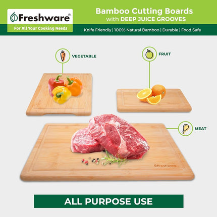 Tablas de cortar de madera Freshware para cocina - Juego de 3 tablas de cortar de bambú, tablas de cortar con ranuras para jugos, juego de tablas de servir, tablas de picar para carne, verduras, mango de fácil agarre (9x6, 12x8, 15x10)