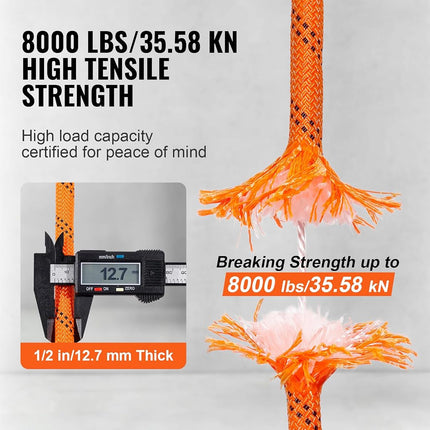 VEVOR Double Braided Polyester Rope, 1/2 Inch x 225 Yards, 48 Strands, 8000 Lb Breaking Strength, Outdoor Climbing Rope, Tree Care Rope for Rock Hiking, Camping, Swing, Rappelling, Rescue