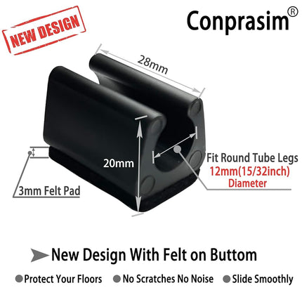Rectangle U Shaped Chair Leg Tips Caps with Felt Pads,Furniture Feet Protector Slide Smoothly Glides No Scratches No Noise Protect Hardwood Floor,Fit 12mm(15/32inch) Diameter Tubular Leg (Black 8PCS)