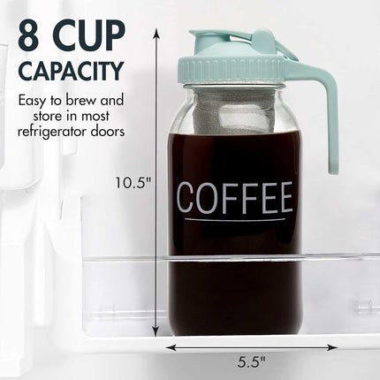Cafetière à infusion à froid Primula Mason Jar avec filtre en acier inoxydable et couvercle verseur facile, pichet en verre durable qui s'adapte à la plupart des portes de réfrigérateur, lavable au lave-vaisselle, fabriquée sans BPA, 2 litres, Aqua