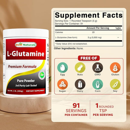 Best Naturals L-Glutamine Powder - 1 Pound - 100% Pure and free form - Glutamine Recovery Powder - Clinically Proven Recovery Aid for Men and Women