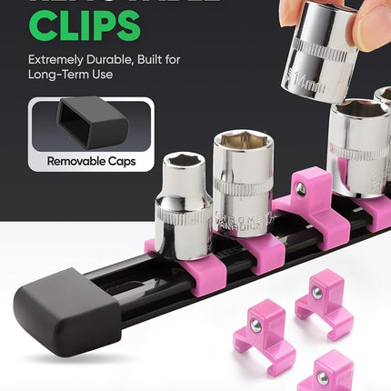 ALOANES 9pc ABS Socket Organizer Set, 1/2, 3/8 & 1/4 inch Drive Rail Holders, Heavy Duty Racks with Black Rails & Pink Clips