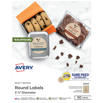 Avery Printable Round Labels, 2.5" Diameter, Kraft Brown, 90 Customizable Labels (22818)