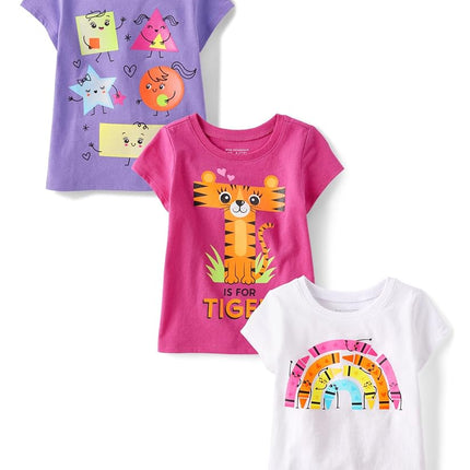 The Children's Place Toddler Girls 3-Pack Short Sleeve Graphic T-Shirt, Tiger/Iguana/Shark, 12-18 Months