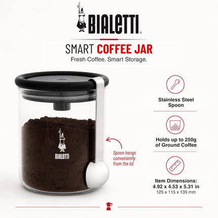 Bialetti Smart Coffee Jar, 250g Capacity – Made in Glass to Preserve Coffee Aroma – Airtight Seal, Stainless Steel Coffee Scoop, Holder for Bialetti Moka Funnel