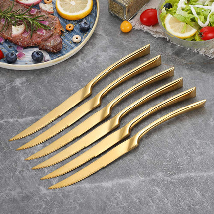 Lemeya 6 Pieces Steak Knife Set of 6, Standing Steak Knives,Mirror Polished,Dishwasher Safe(Gold)