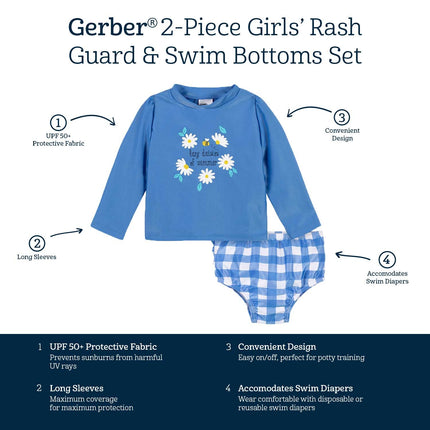 Gerber Girls' Baby Toddler Rashguard de manga larga con gorro de baño, margaritas azules, 5T