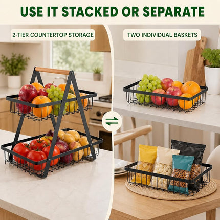 mahueeol 2 Tier Countertop Fruit Basket,Portable Fruit Bowle Basker for Kitchen Organizer Storage & Dining Room Fruits Vegetable BreadSnacks, Detachable Metal Rectangle Basket Storage
