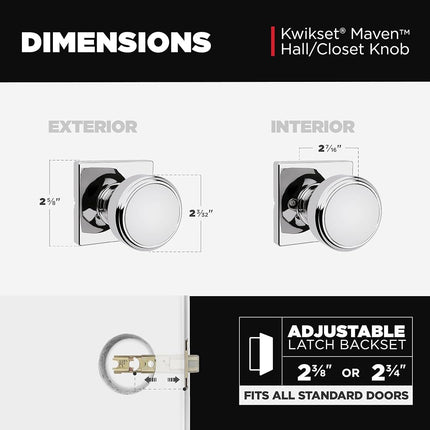 Kwikset Maven Interior Passage Door Knob, Square Handle for Closet and Hallway Doors, Non-Locking Doorknob in Polished Chrome, with Microban Protection