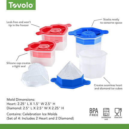 Tovolo Assorted Shaped Ice Molds, Set of 4 - Large Ice Mold Gift Set - Unique Ice Mold Chills Drinks - Odor-Free Freezer Storage, Dishwasher-Safe with Silicone Plunger