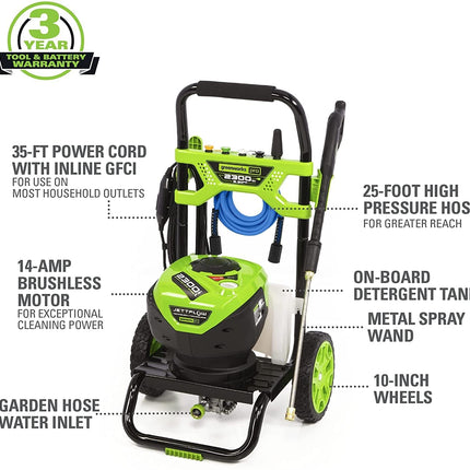 Hidrolavadora eléctrica Greenworks 2300 PSI TruBrushless (2.3 GPM), manguera de 25', lanza de conexión rápida, boquillas de 15, 24, 40 grados, jabón y turbo.
