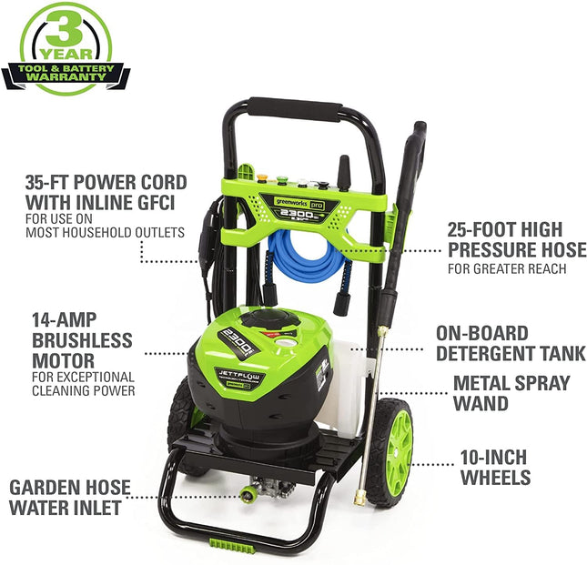 Greenworks 2300 PSI TruBrushless (2.3 GPM) Electric Pressure Washer, 25� Hose, Quick Connect Wand, 15, 24, 40 Degree Soap and Turbo Nozzle