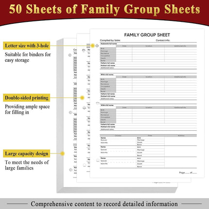 Family History Binder 3 Ring 50 Families Group Sheets 8th Generation Family Tree Chart 16 Sheets Genealogy Binder Navy Cover Genealogy Organizer Supplies with Pen Loop PVC Pocket for Families History