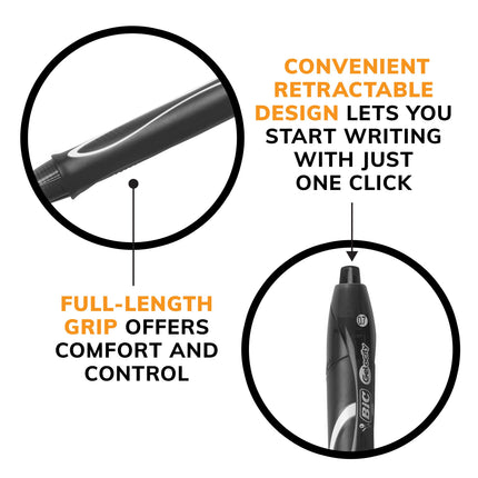 BIC Gel-ocity Secado Rápido (SECA HASTA 3 VECES MÁS RÁPIDO) Paquete a granel de 24 bolígrafos de tinta (12 negros y 12 azules), sin manchas, retráctiles de gel, punta media de 0.7 mm, bolígrafos para tomar notas para adultos, mujeres y hombres.