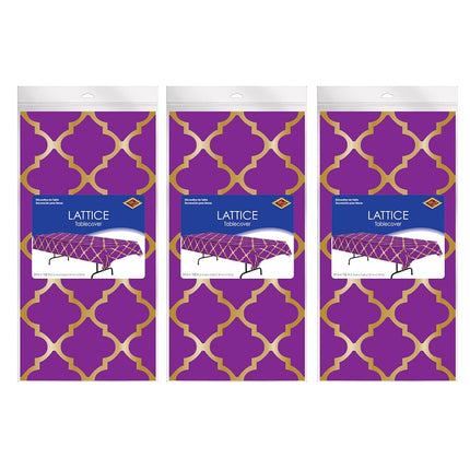 Beistle Lattice Tablecovers, 54” x 108”– Plastic Table Cloth, Moroccan Decorations for Party, Moroccan Tablecloth, Arabian Nights Theme Party, Rectangular Table Cloth Purple/Gold, 3 Pieces