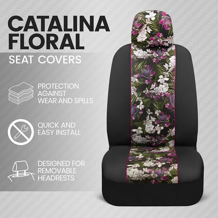 BDK Universal Fit Catalina Floral Car Seat Covers - 2 Piece, Front, Faux Leather