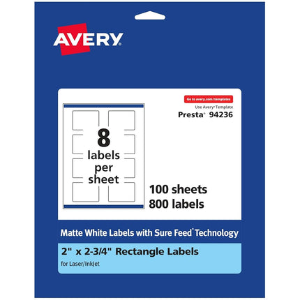 Avery Matte White Rectangle Labels with Sure Feed, 2" x 2.75", 800 Matte White Printable Labels