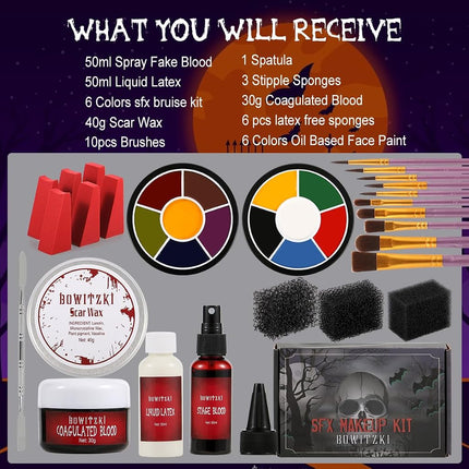 Bowitzki Halloween SFX Makeup Kit Special Effect Makeup,Liquid Latex+Scab Blood+Spray Blood+6 Colors Oil Based Face Paint+SFX bruise wheel+Skin Wax+Stipple Sponges+Latex free Sponges+Spatula+Brushes