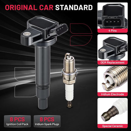 BDFHYK Ignition Coil Pack and Spark Plug Set of 8 Compatible with Lexus GS430 GX470 LS430 LX470 SC430 4Runner Land Cruiser Sequoia Tundra 4.3L 4.7L V8 Replacement for UF493 4504, Pack of 4