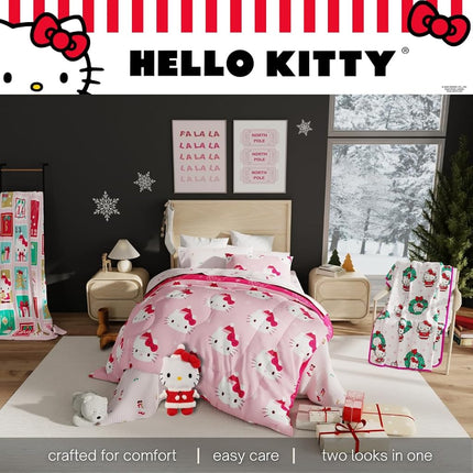 Sanrio Hello Kitty Holiday Christmas Bed Linen Soft Duvet and Sheet Set with Bedspread, 5 Pieces, Twin Size (Officially Licensed Product) by Franco