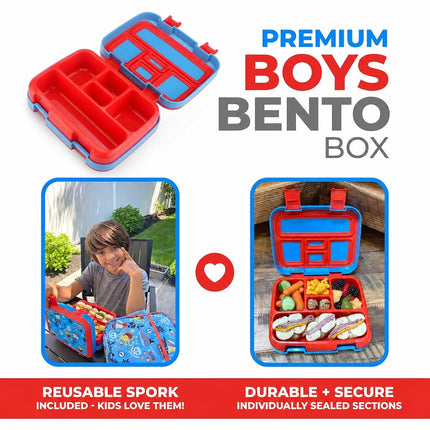kinsho Bento Lunch Box for Kids Toddlers Boys, 5 Portion Sections Secure Lid, Microwave Safe BPA Free Removable Tray, Pre-School Kid Daycare Lunches Snack Container Ages 3 to 5, Blue Pirates