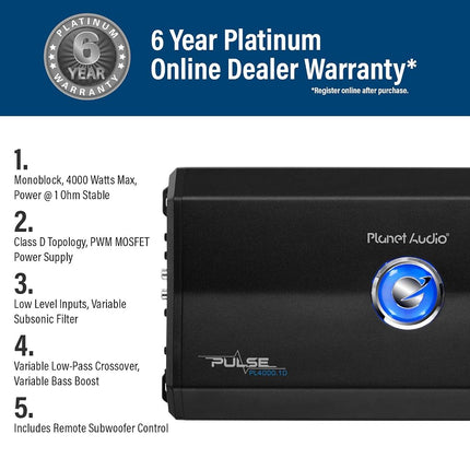 Planet Audio PL4000.1D Pulse, Stable Class A B, Monoblock, Mosfet Car Amplifier with Remote Subwoofer Control