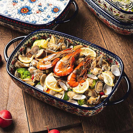 Bicuzat Red Daisy Flower Vintage Style Ceramic Bakeware Casserole Dish Baking Pan Lasagna Pans Baking Dish with Handles for Oven/Cooking/Kitchen-1 PCS, 60 OZ