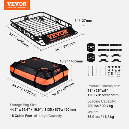 VEVOR Roof Rack Cargo Basket,130 x 91cm Rooftop Cargo Carrier w/ 15 Cu Ft Waterproof Cargo Bag, 90 KG Capacity Universal Rack Carrier for SUV, Truck
