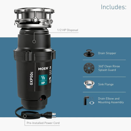 Broyeur d'évier à alimentation continue Moen GXP50C GX Prep Series PRO 1/2 CV, cordon d'alimentation inclus ou non, 5,375 x 13,375 x 5,375 pouces