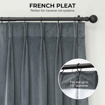HPD Half Price Drapes Velvet Blackout Curtains/Drapes - 96 Inches Long 1 Panel Blackout Curtain Signature Pleated for Living Room & Bedroom - 25W X 96L, Natural Grey