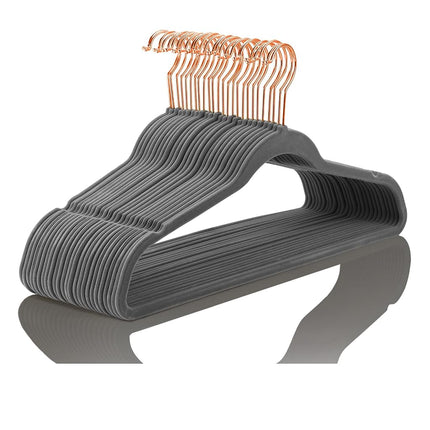 Premium Velvet Hangers (Pack of 50) Heavyduty - Non Slip - Velvet Suit Hangers Gray - Copper/Rose Gold Hooks,Space Saving Clothes Hangers (Grey)