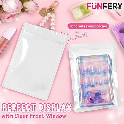 Funfery 100 Pcs Resealable Bags Clear Holographic Bags,Smell Proof Packaging Baggies,Mylar Food Storage Bag,Zipper Sealing Pouch for Coffee Bean,Cookies,Jewelry Sample Small Business(White,7x10in)