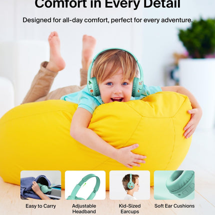 Belkin SoundForm Mini - Wireless Bluetooth Headphones for Kids with 30H Battery Life, 85dB Safe Volume Limit, Built-in Microphone - Kids On-Ear Earphones for iPhone, iPad, & More - Mint w/Case