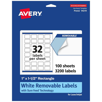 Avery Matte White Removable Rectangle Labels with Sure Feed Technology, Print-to-The-Edge, 1" x 1.5", 3,200 Removable Labels, Laser/Inkjet Printable Labels
