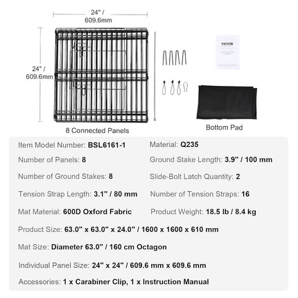 VEVOR Foldable Metal Dog Exercise Pen, Pet Playpen Dog Fence for Camping with Bottom Pad, 24" H 8 Panels, Puppy Crate Kennel Indoor Outdoor for Small & Medium Dogs, Both for Home & Yard Use