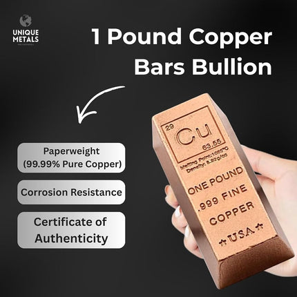 Unique Metals 1 Pound Copper Bar Ingot Paperweight - 999 Pure Chemistry Element Design with Certificate of Authenticity by
