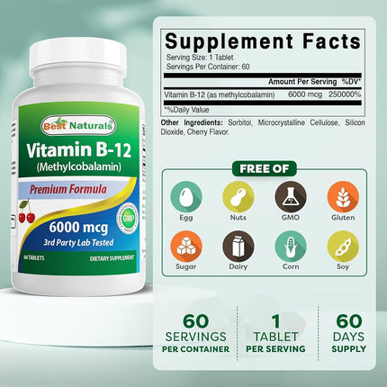 Best Naturals Vitamin B-12 as Methylcobalamin (Methyl B12), 6000 mcg 60 Sublingual Tablets (60 Count (Pack of 3))