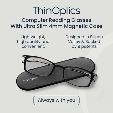 ThinOptics Blue Light Blocking Glasses 1.00, Black Frame, 4mm Case, Compact