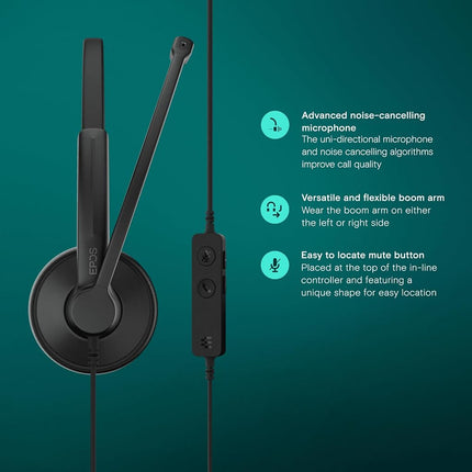 EPOS IMPACT 100 UC Stereo USB-C+A Headset with Microphone, Universal Communications, Noise-Cancelling Mic, Lightweight, Call Control, USB Adapter, Soft Earpads, Professional Business Use